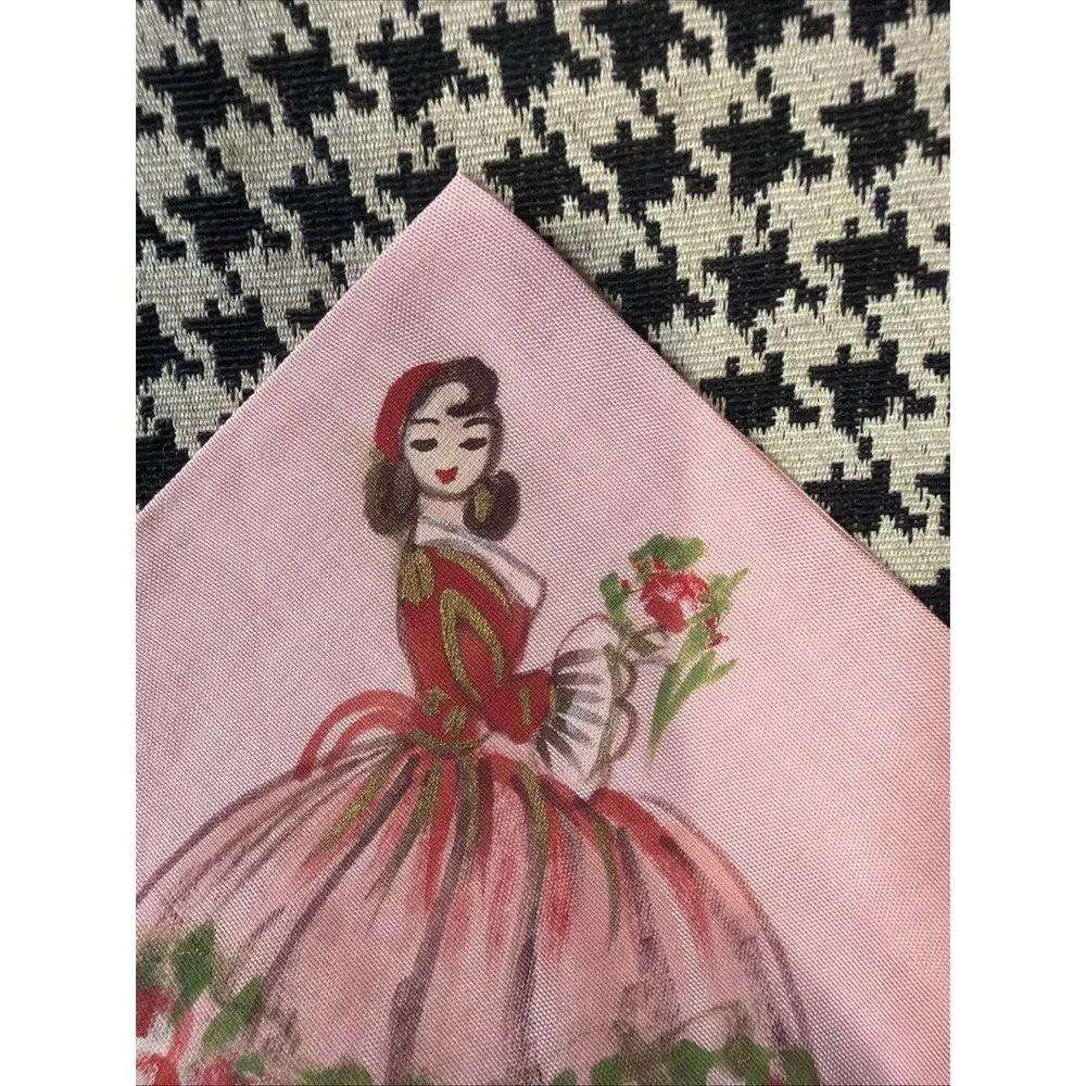 VTG Handpainted Pink Handkerchief Beautiful Lady Souvenir Greece Hankie 1940/50s